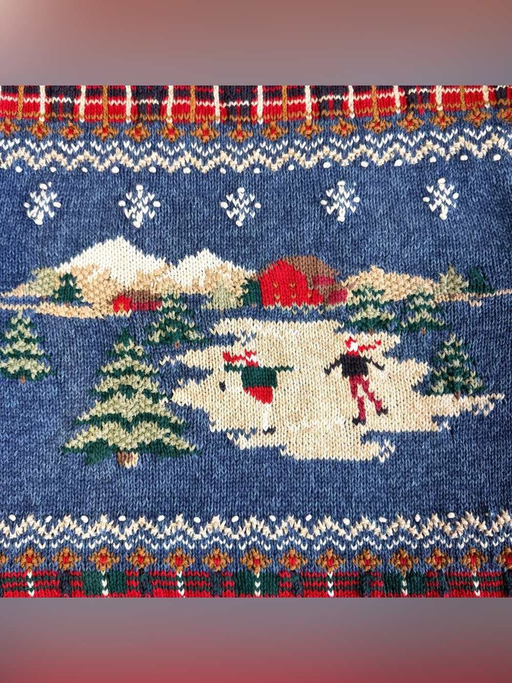 Vintage Talbots Winter Ice Skating Scene Plaid Sweater Large Ramie Cotton